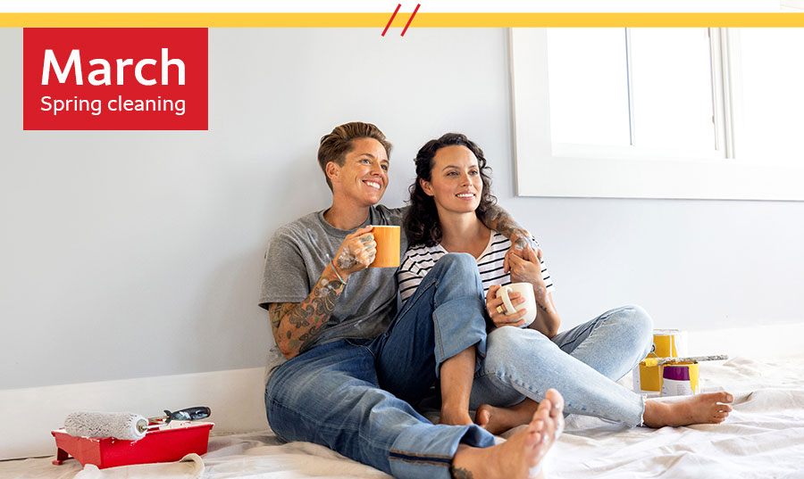 March - Spring Cleaning - Couple thinking about Wells Fargo’s money saving tips guide