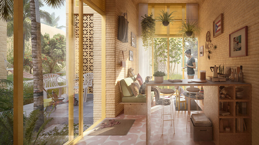 A graphic rendering of a 3D printed house shows a light-filled terrace with multiple plants.