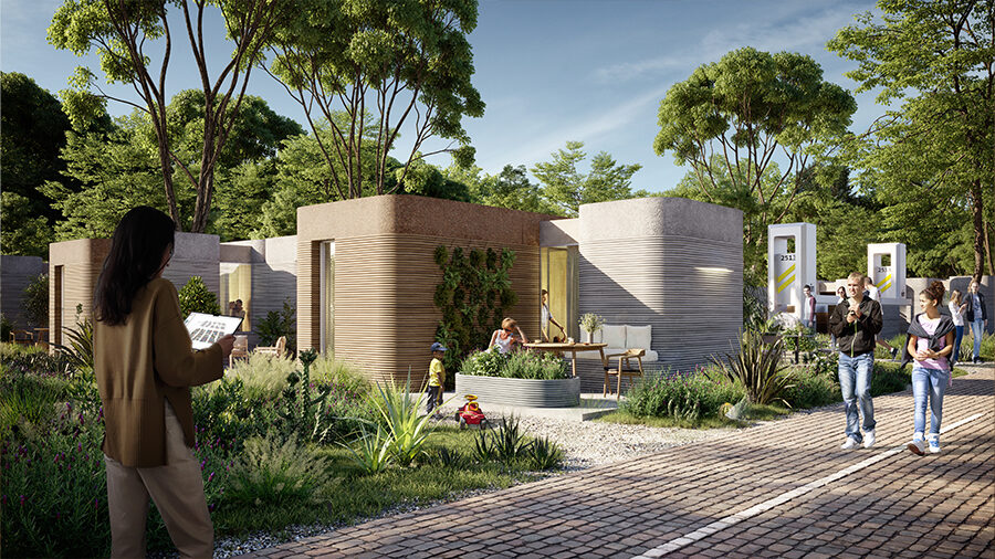 A graphic rendering of the exterior of a modular futuristic 3D-printed home among trees and other landscaping.