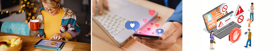 A row of images shows a person working on a tablet, a person holding a cellphone with hearts emanating from it, and warning signs surrounding a laptop