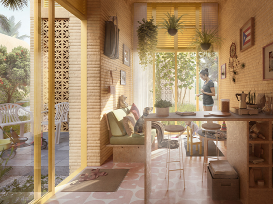 A graphic rendering of a 3D printed house shows a light-filled terrace with multiple plants.