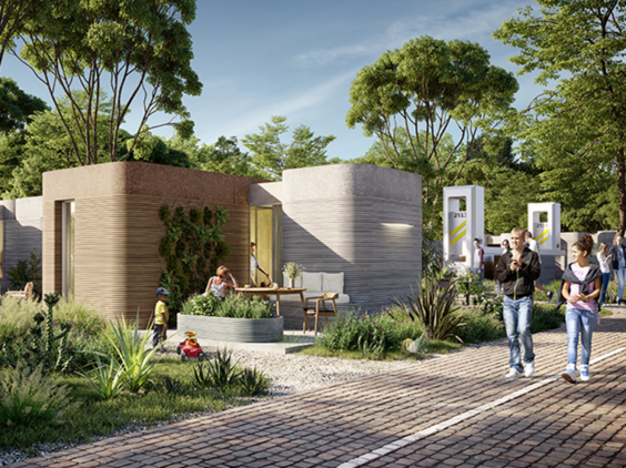 A graphic rendering of the exterior of a modular futuristic 3D-printed home among trees and other landscaping.