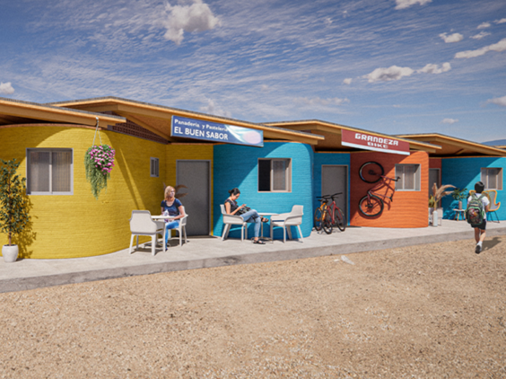 A graphic rendering of small colorful 3D printed houses