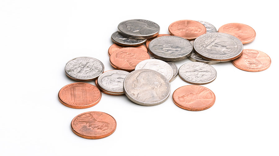 A messy pile of pennies, nickels, dimes, and quarters, adding up to about $1.30