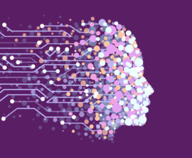 A futuristic graphic representation of a face's profile made with pastel circles over a dark purple background