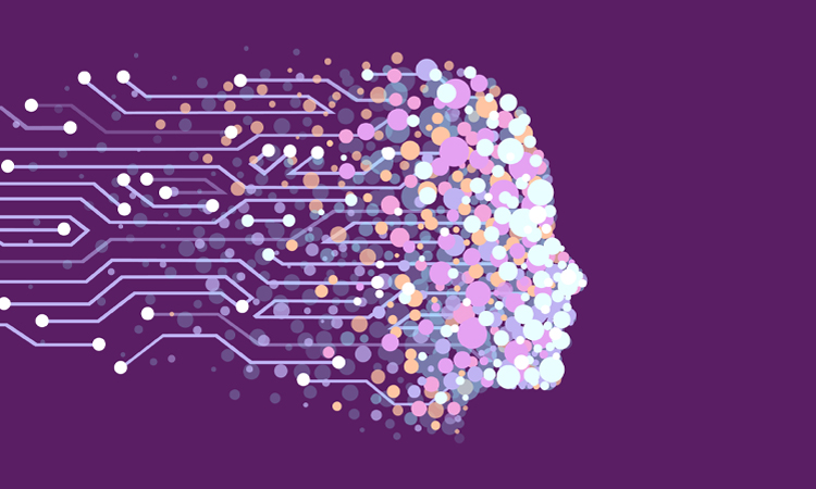 A futuristic graphic representation of a face's profile made with pastel circles over a dark purple background