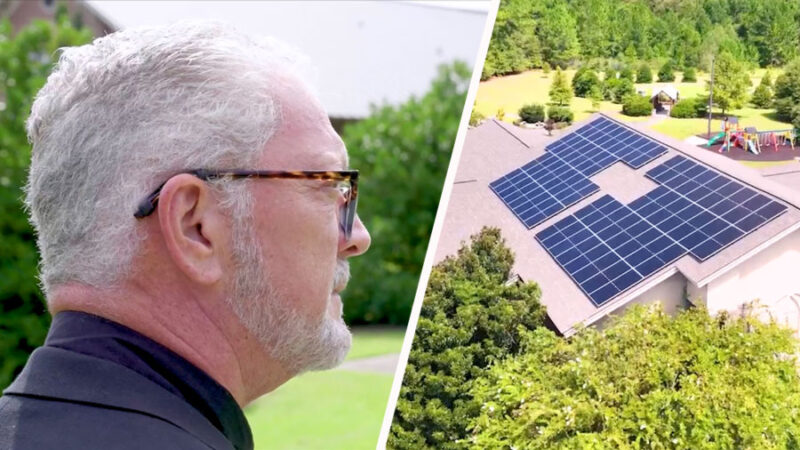 A split image shows man wearing glasses looking off camera, and a rooftop solar panel array.