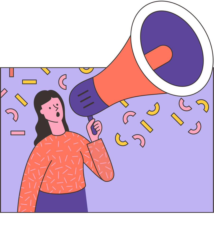 An illustration shows a person talking into an oversized megaphone