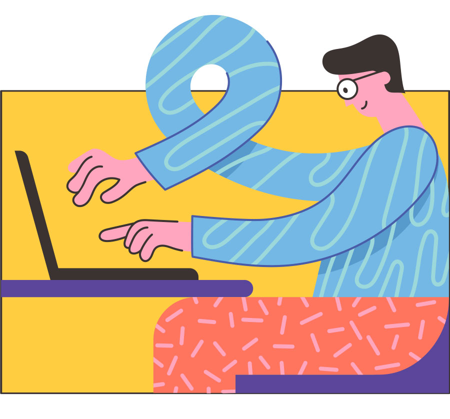 An illustration shows a person working on a laptop