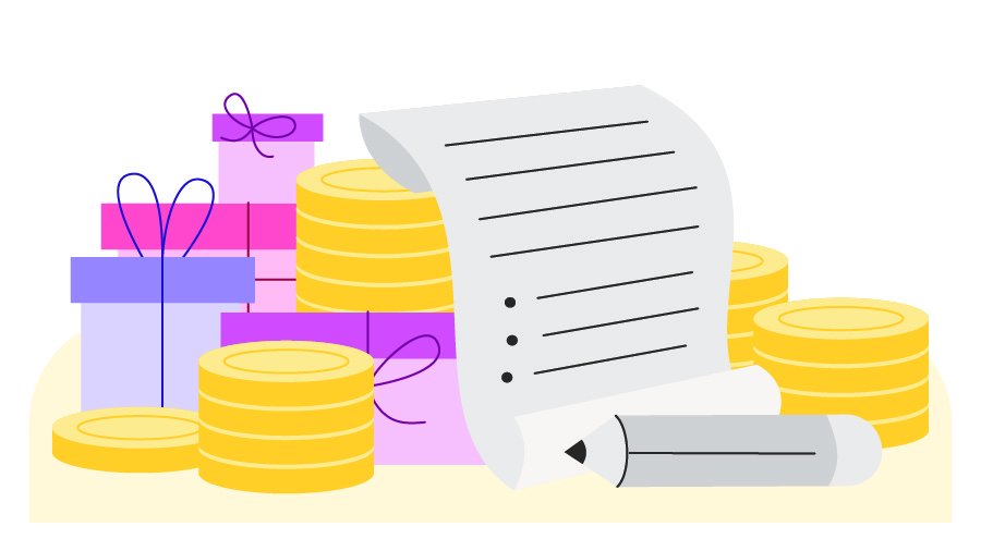 Illustration of coins and gifts stacked up next to a piece of paper and a pencil.