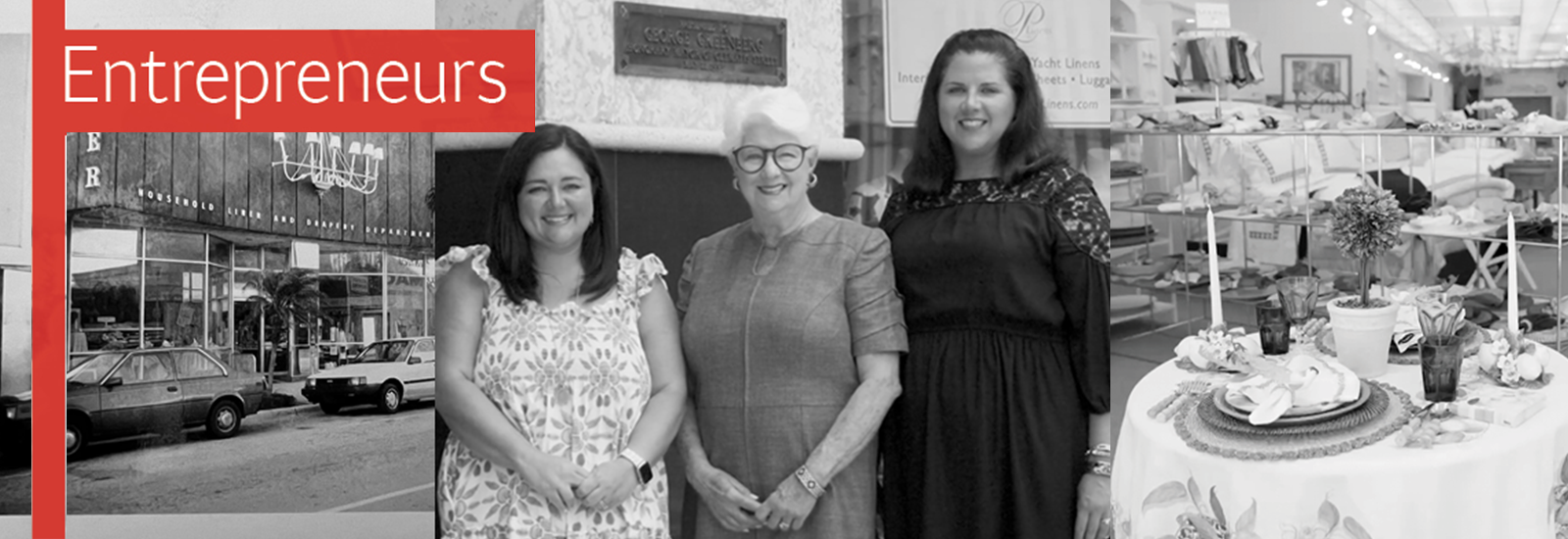 Penny Murphy and two of her daughters stand in front of Pioneer Linens.