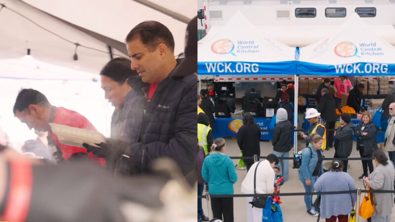 Side-by-side images show volunteers preparing meals and people lined up outside a World Central Kitchen tent.