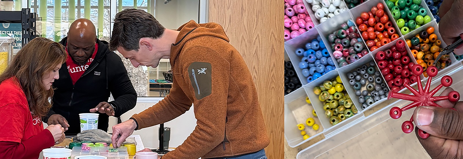 Wells Fargo employees make crafts out of reusable plastic.