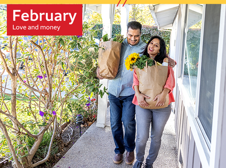 February - Love and money - Couple carrying groceries and talking about money