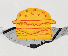 An illustration of a burger atop a stack of business documents
