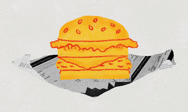 An illustration of a burger atop a stack of business documents