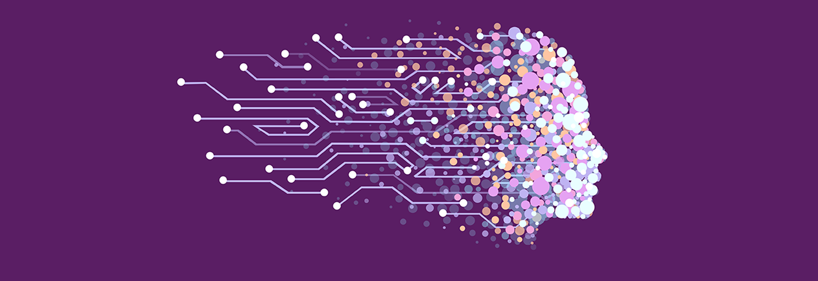 A futuristic graphic representation of a face's profile made with pastel circles over a dark purple background
