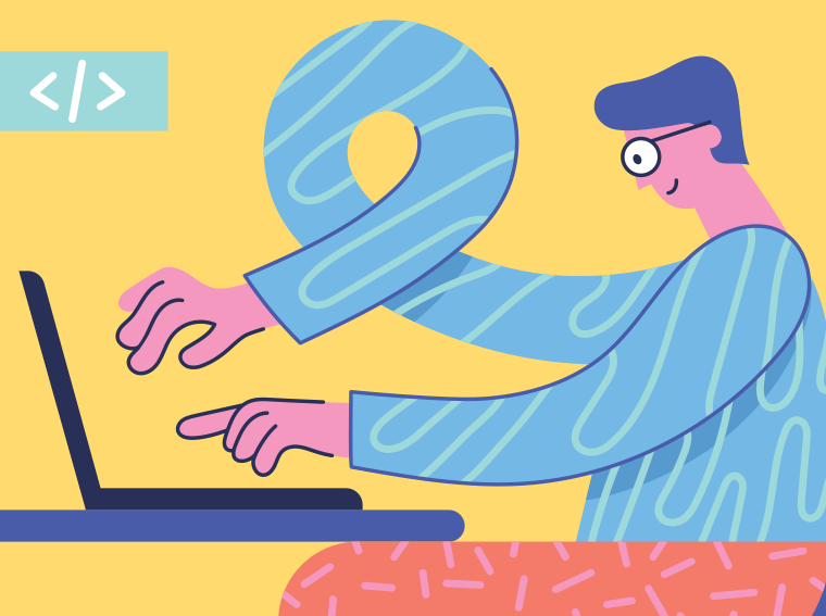 An illustration shows a person working on a laptop