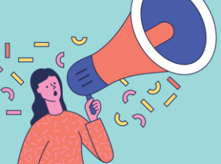 An illustration shows a person talking into an oversized megaphone