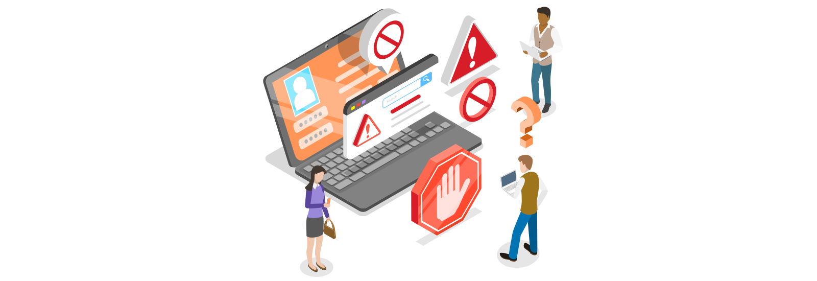 An illustration of 3 people engaging with various electronic devices. A large laptop and several warning signs are at the center.