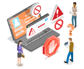 An illustration of 3 people engaging with various electronic devices. A large laptop and several warning signs are at the center.