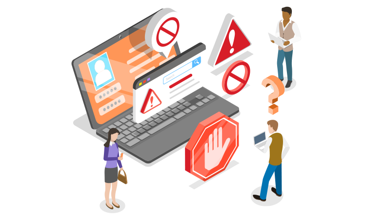 An illustration of 3 people engaging with various electronic devices. A large laptop and several warning signs are at the center.