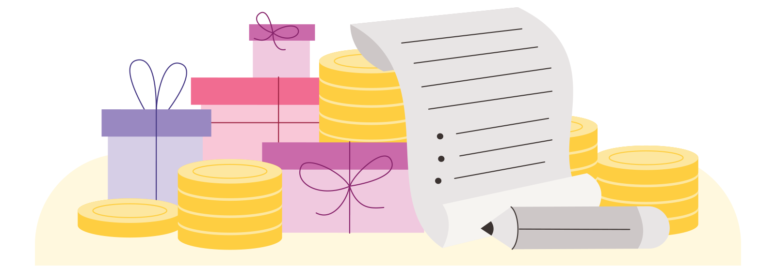 Illustration of coins and gifts stacked up next to a piece of paper and a pencil.