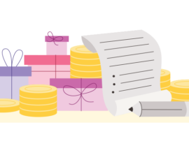 Illustration of coins and gifts stacked up next to a piece of paper and a pencil.
