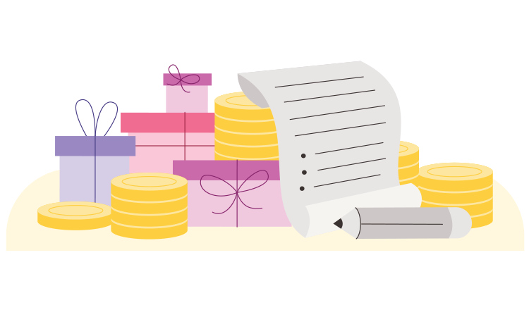 Illustration of coins and gifts stacked up next to a piece of paper and a pencil.