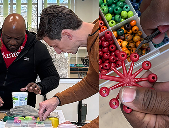 Wells Fargo employees make crafts out of reusable plastic.
