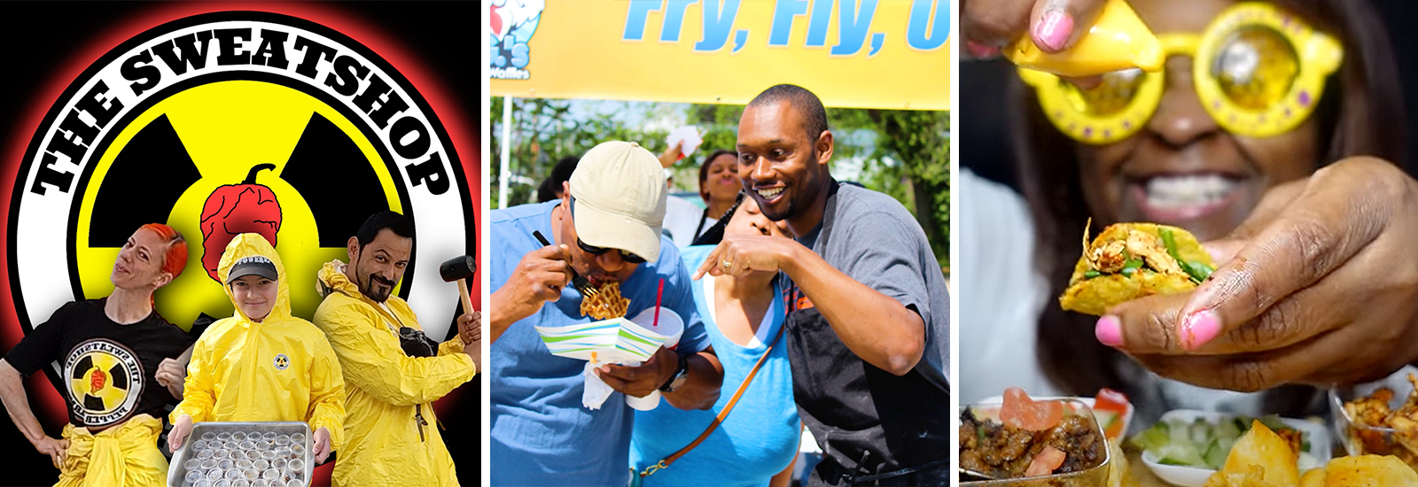 Three photos cut diagonally into one show two people in hazmat suits, a person eating a waffle with a fork with another person smiling and pointing, and a person crouched down and smiling.