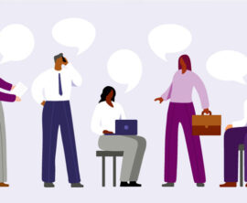 An illustration of five business professionals with empty speech bubbles above them.