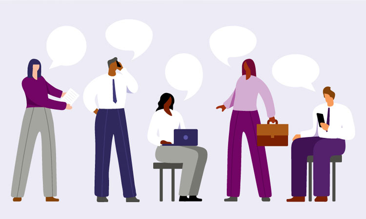 An illustration of five business professionals with empty speech bubbles above them.