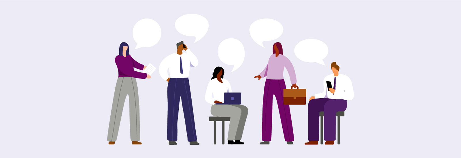 An illustration of five business professionals with empty speech bubbles above them.