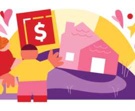 Simple illustration showing a couple looking at a house for sale sitting on a hill with a sunset behind it