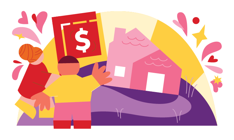 Simple illustration showing a couple looking at a house for sale sitting on a hill with a sunset behind it