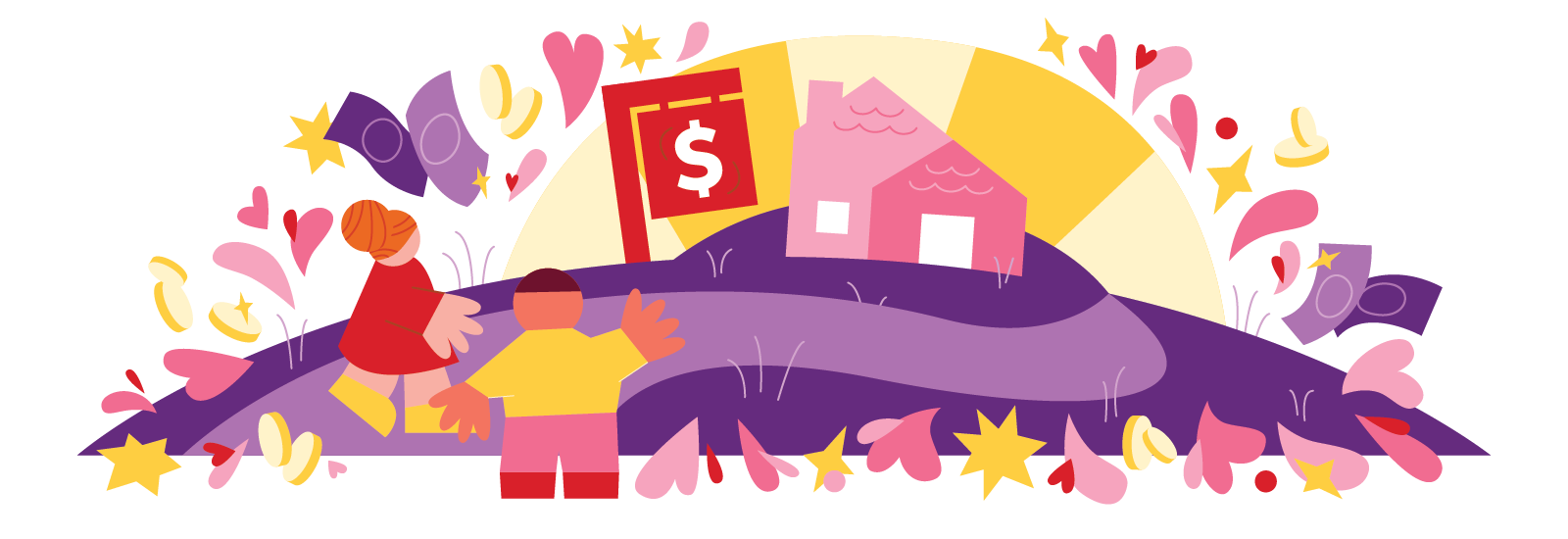 Simple illustration showing a couple looking at a house for sale sitting on a hill with a sunset behind it