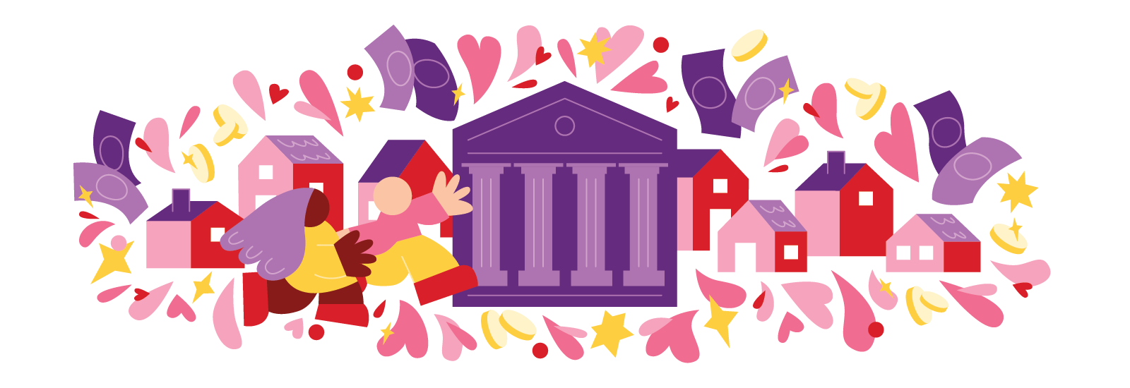 Minimalist illustration of two people going to a courthouse to be married surrounded by hearts, dollar bills, and coins.