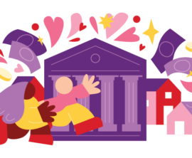 Minimalist illustration of two people going to a courthouse to be married surrounded by hearts, dollar bills, and coins.