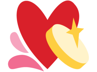 Minimalist illustration of a floating heart and coin with a sparkle and small organic shapes.