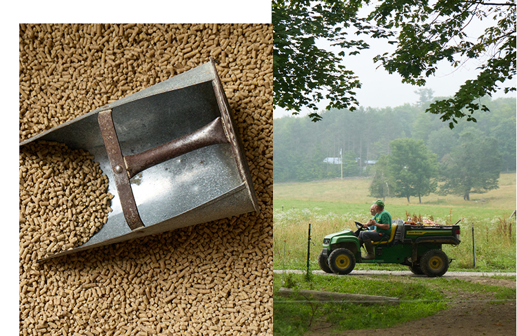 A side-by-side image of a feed scoop and grain and two people riding a tractor on a farm.