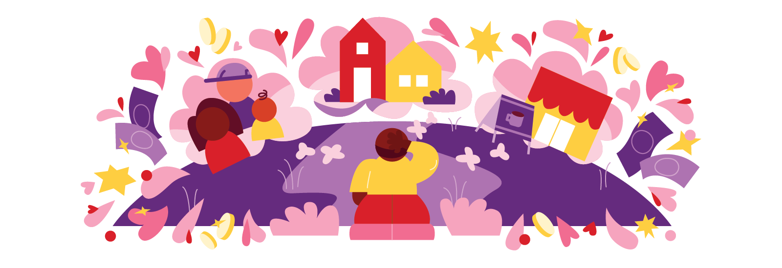 Minimalist illustration of a person standing on a hill, planning and dreaming about their family, their home, and their business, surrounded by hearts, dollar bills, and coins.