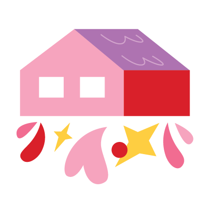 Minimalist illustration of a house surrounded by hearts and organic shapes.