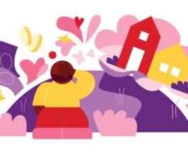 Minimalist illustration of a person standing on a hill, planning and dreaming about their family, their home, and their business, surrounded by hearts, dollar bills, and coins.