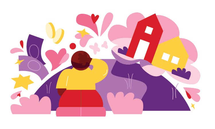 Minimalist illustration of a person standing on a hill, planning and dreaming about their family, their home, and their business, surrounded by hearts, dollar bills, and coins.