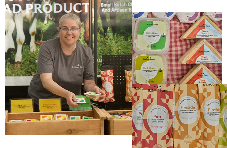 A collage shows a woman holding packaged cheese and images of other products from their farm.
