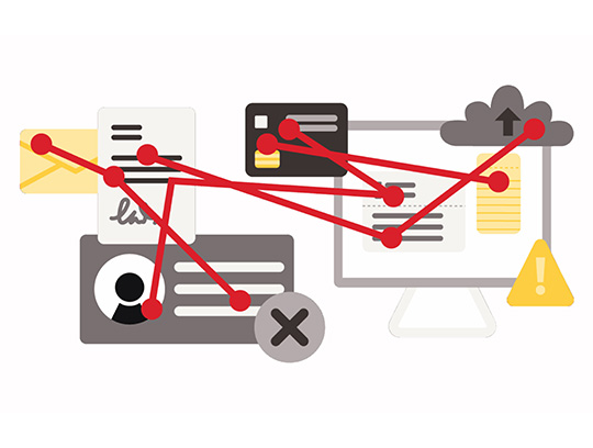 A flat illustration of technology including user accounts, a computer and keyboard, money, a credit card, a lock and key, all connected by red lines and dots.