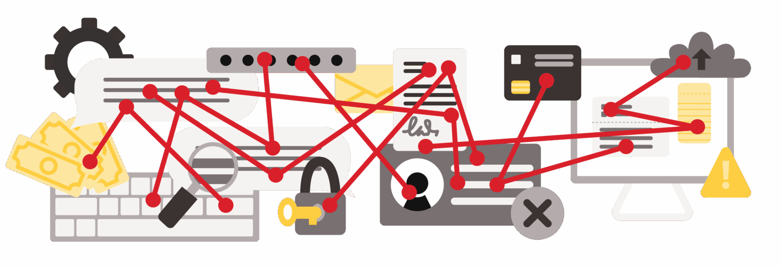 A flat illustration of technology including user accounts, a computer and keyboard, money, a credit card, a lock and key, all connected by red lines and dots.