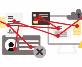 A flat illustration of technology including user accounts, a computer and keyboard, money, a credit card, a lock and key, all connected by red lines and dots.