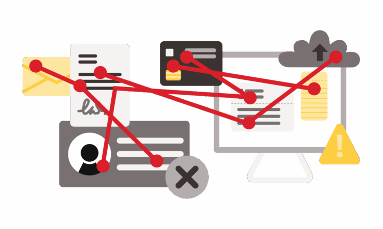 A flat illustration of technology including user accounts, a computer and keyboard, money, a credit card, a lock and key, all connected by red lines and dots.